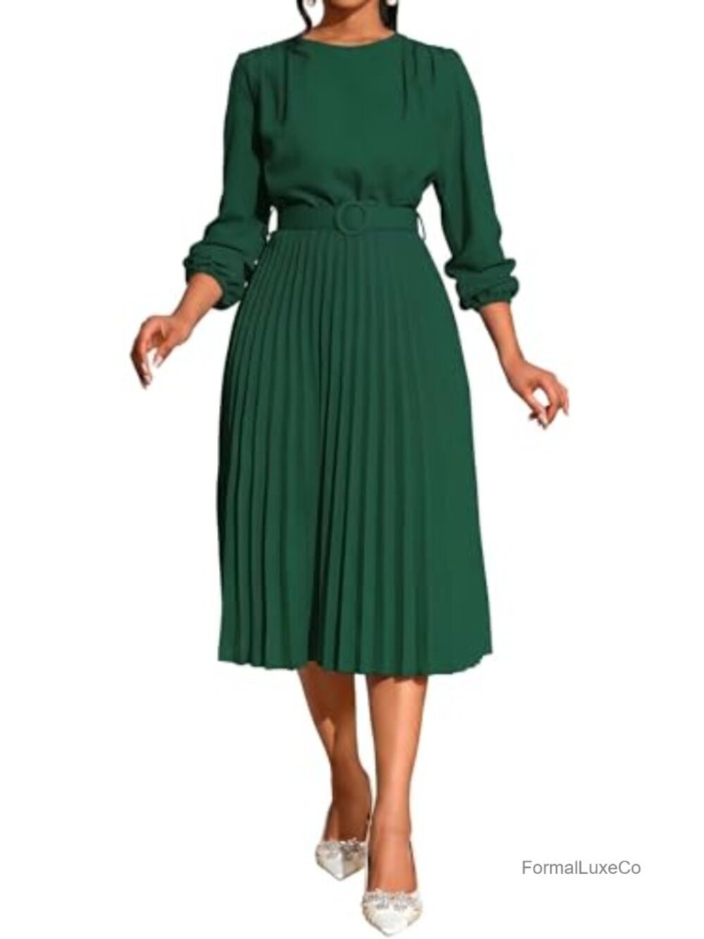 Pleated Midi Dress Long Sleeve Semi Formal Wedding Guest Church Belted